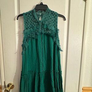 Free People Emerald Green Sleeveless Crochet Yoke Dress